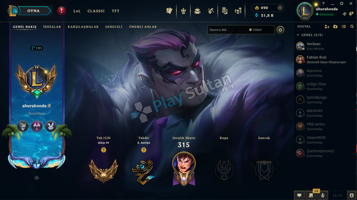 121 LV 70 SKİN GOLD LOL HESABI 121 LV 70 SKİN GOLD LOL HESABI