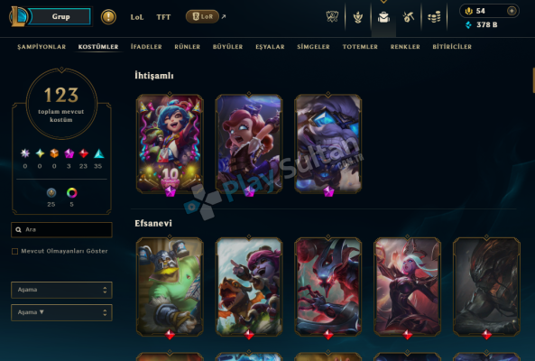 EUW 123 SKİN LOL + ASİL VANDAL + 1825 VP VALO