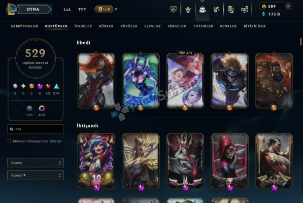 League of Legends Türkiye serveri 529 kostüm hesap